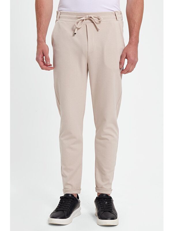 TUDORS Erkek Slim Fit Pamuklu Beli Bağlamalı Yan Cepli Katlamalı Paça Jogger Bej Pantolon