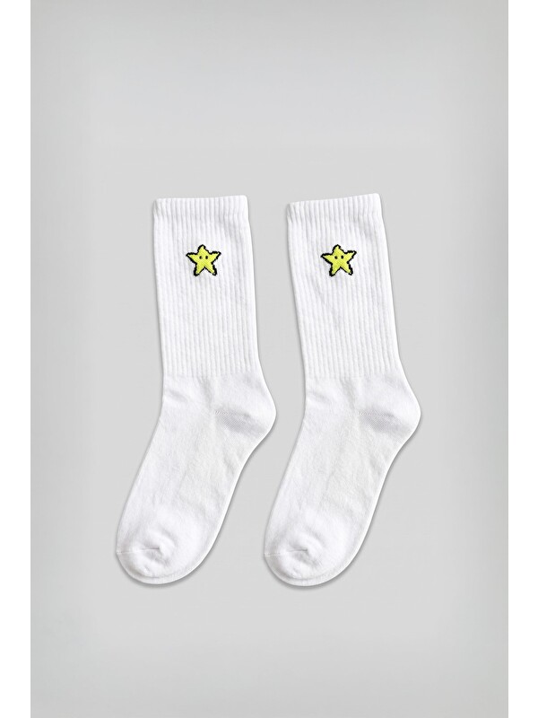 Abluka Online Unisex Emoji Yıldız Desenli Kolej Tenis Çorabı Beyaz
