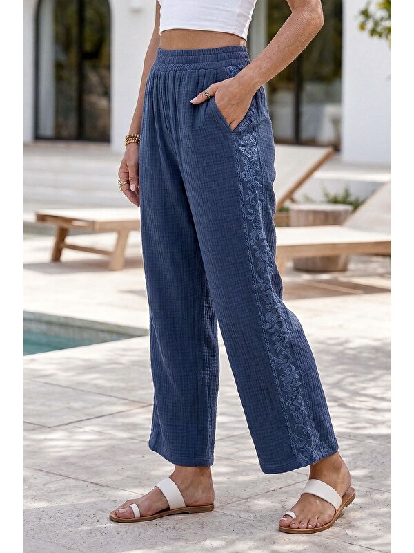 Chiccy Mavi Cepli Yanları Dantelli Lastikli Bel Casual Müslin Dokuma Pantolon 92 60