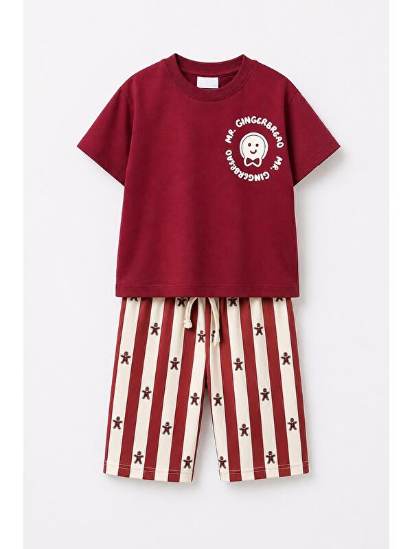 Monila Kız Çocuk Pamuklu Bordo Kurabiye Baskılı T-Shirt Ve Eşofman Alt Üst Takım