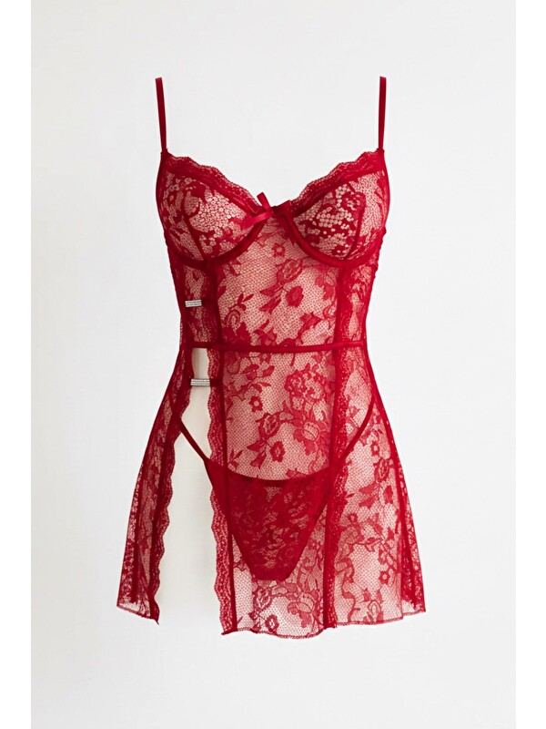C&City Parlak Detaylı Babydoll Kırmızı