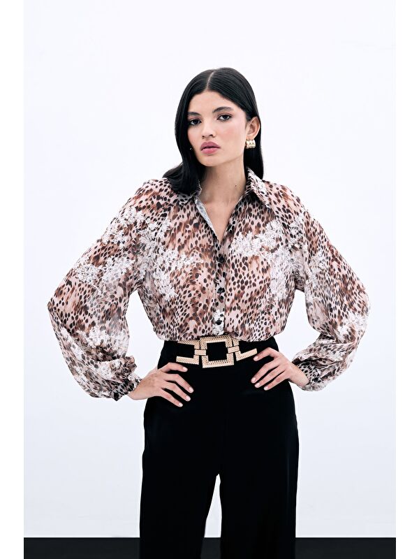 SATEEN Leopar Desenli Nakışlı Gömlek - Vizon