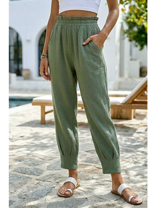Chiccy Haki Cepli Paçası Dikişli Lastikli Bel Şalvar Paça Casual Müslin Dokuma Pantolon 94 63