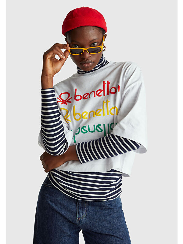 United Colors Of Benetton Kadın Beyaz mix  %100 Pamuk Boxy Fit Stranger Things Baskılı T-Shirt