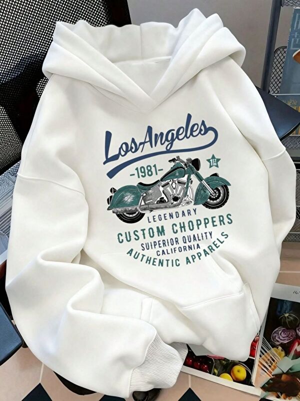 Trendseninle Beyaz Los Angeles Moto1981 Baskılı Oversize Kapüşonlu Sweatshirt Hoodie
