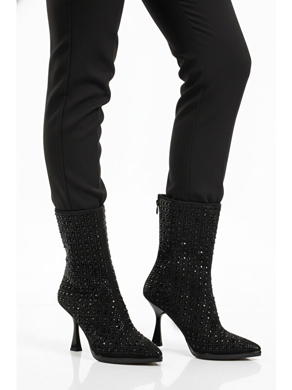 Siyah Taş İşlemeli İnce Topuklu İçi Kürklü Kadın Çizme 671131 Z - Görsel 2
