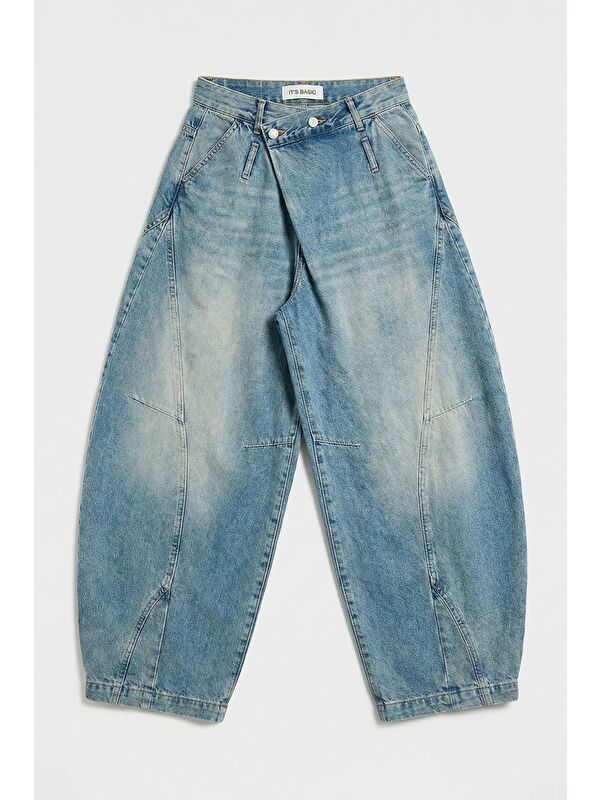 It's Basic Kadın Jean Rengi 4s6-32 Süper Baggy Fit Kemer Detaylı Özel Tasarım Denim Jean