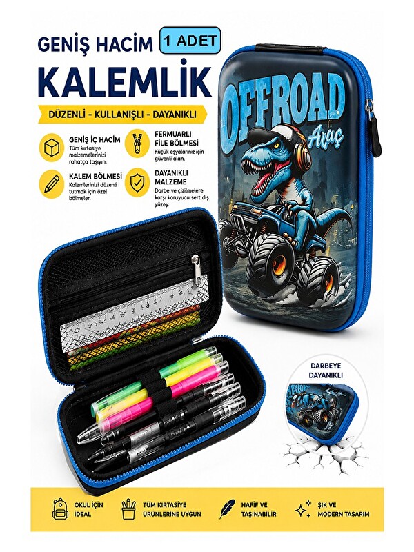 FixPoint Jeep Kabartmalı Bölmeli Kalemlik 1 Adet P-6011 Erkek Çocuk Okul Kalem Kutusu 3 Boyutlu Sevimli Karik