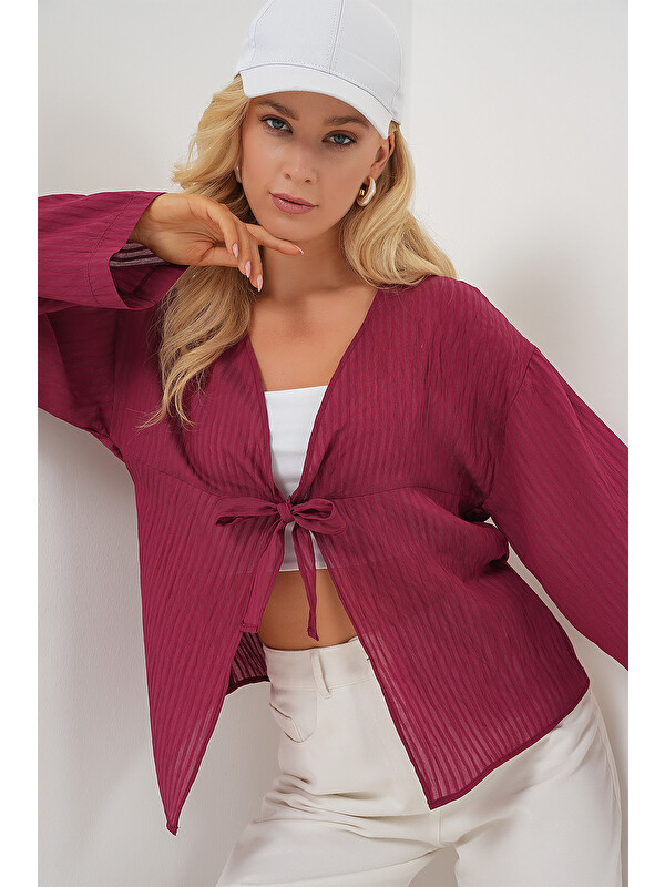 Bigdart Kadın Önü Bağcıklı Bluz 952 - Bordo