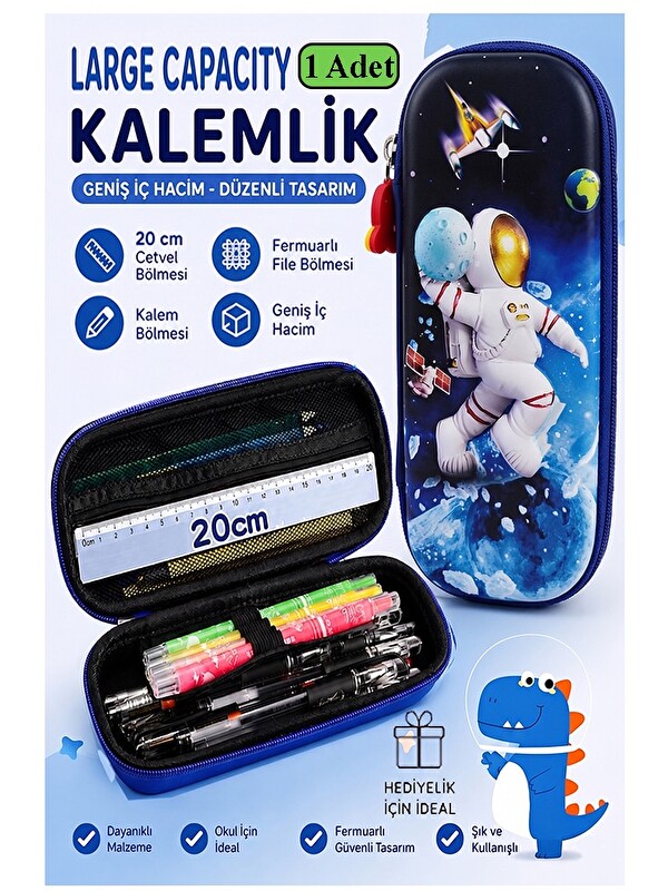 FixPoint Astronot Kabartmalı Bölmeli Kalemlik 1 Adet P-5953 Erkek Çocuk Okul Kalem Kutusu 3 Boyutlu Uzay Kari