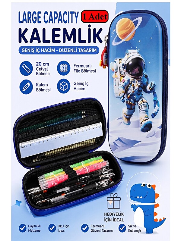 FixPoint Astronot Kabartmalı Bölmeli Kalemlik 1 Adet P-5953 Erkek Çocuk Okul Kalem Kutusu 3 Boyutlu Uzay Kari