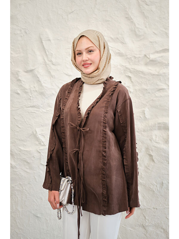 Locco Moda Kadın Büzgü Detay Önden Bağlamalı Detaylı Kimono Kahverengi