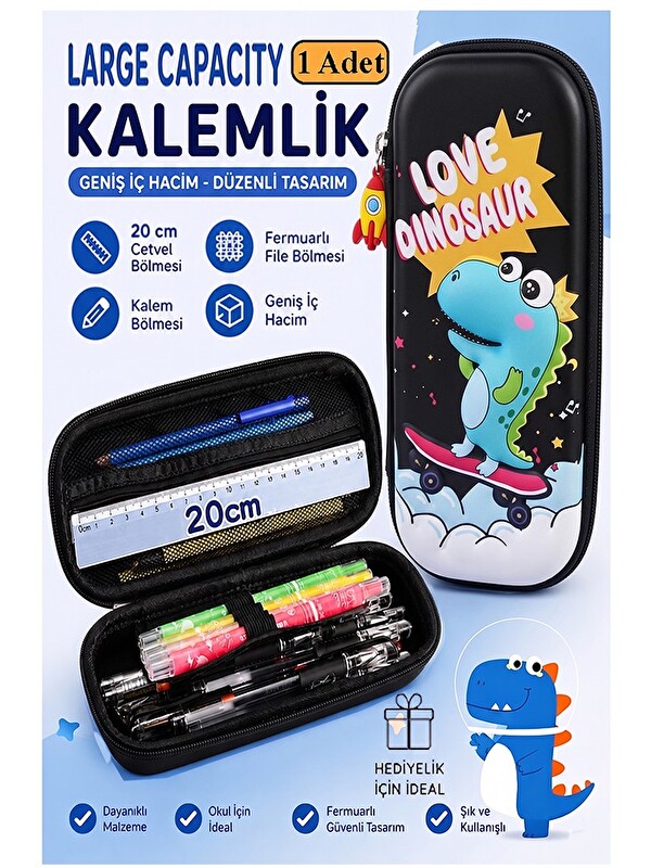 FixPoint Dinozor Kabartmalı Bölmeli Kalemlik 1 Adet P-5953 Erkek Çocuk Okul Kalem Kutusu 3 Boyutlu Sevimli Ka