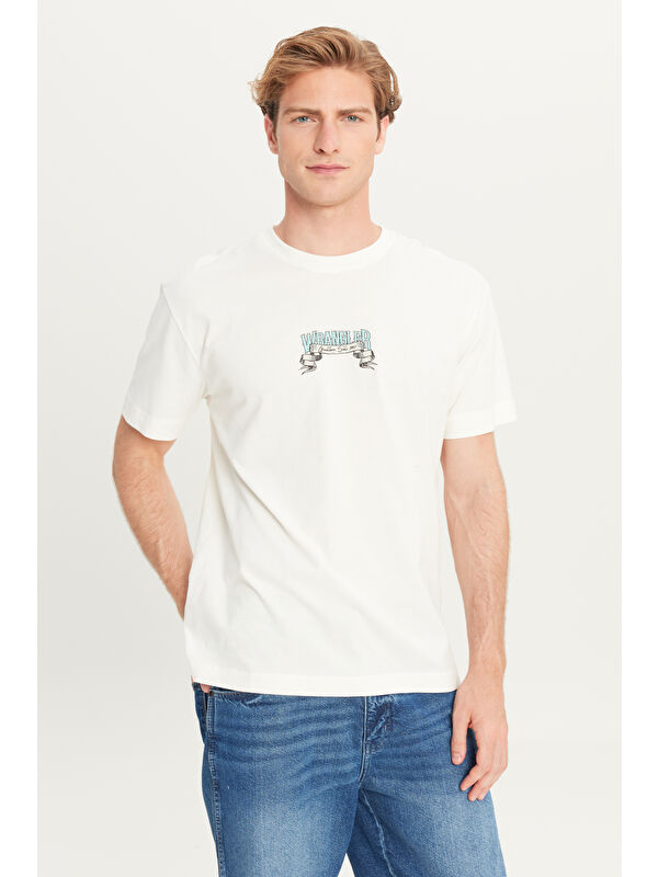 Wrangler %100 Pamuk Relaxed Fit Bisiklet Yaka Kırık Beyaz Big Logo Tişört