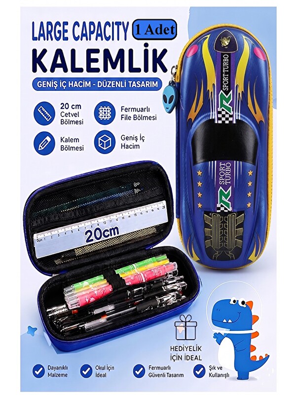 FixPoint Araba Kabartmalı Bölmeli Kalemlik 1 Adet P-5953 Erkek Çocuk Okul Kalem Kutusu 3 Boyutlu Sevimli Kari