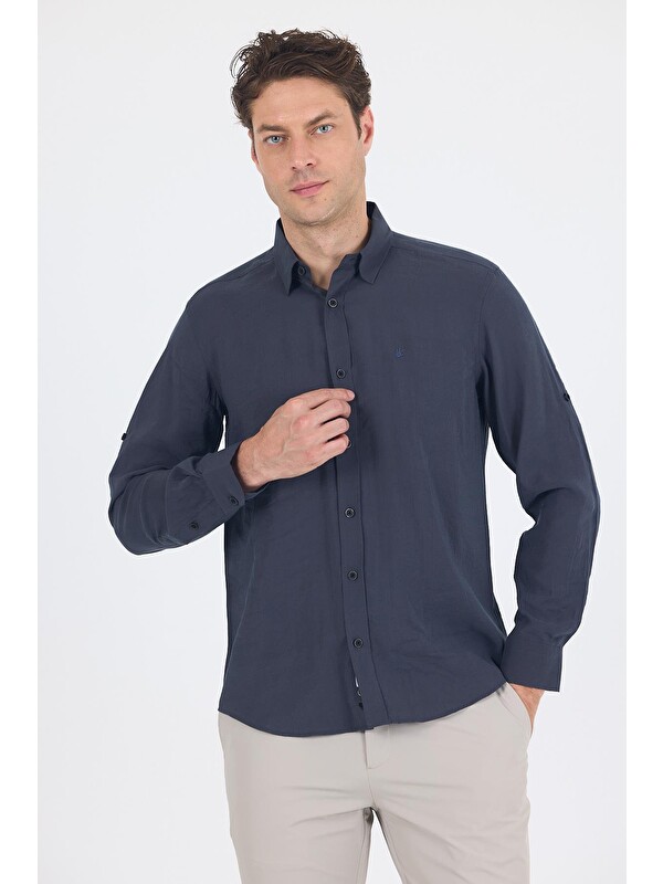 İMZA Koyu Antrasit Kısalabilir Kol Smart Biritli Yaka Cepsiz Slim Fit Gömlek 1004250224