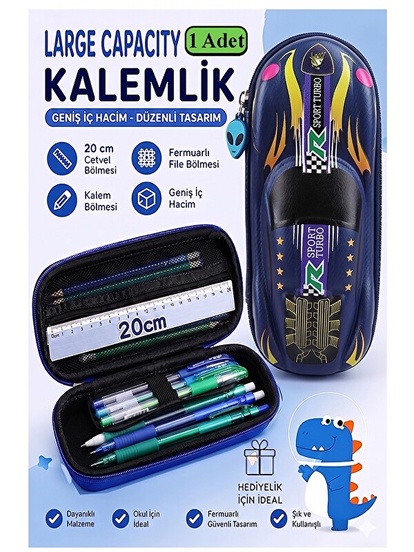 FixPoint Araba Kabartmalı Bölmeli Kalemlik 1 Adet P-5953 Erkek Çocuk Okul Kalem Kutusu 3 Boyutlu Sevimli Kari