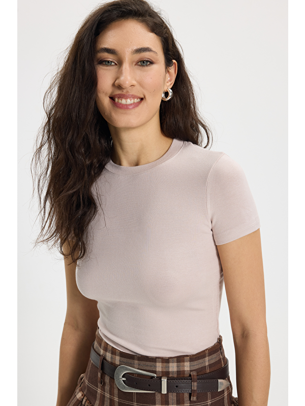 TUDORS Kadın Slim Fit Dar Kesim Pamuklu Kısa Kollu Bisiklet Yaka Pembe Tişört