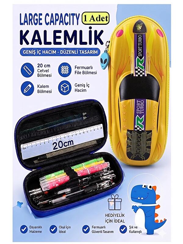 FixPoint Araba Kabartmalı Bölmeli Kalemlik 1 Adet P-5953 Erkek Çocuk Okul Kalem Kutusu 3 Boyutlu Sevimli Kari