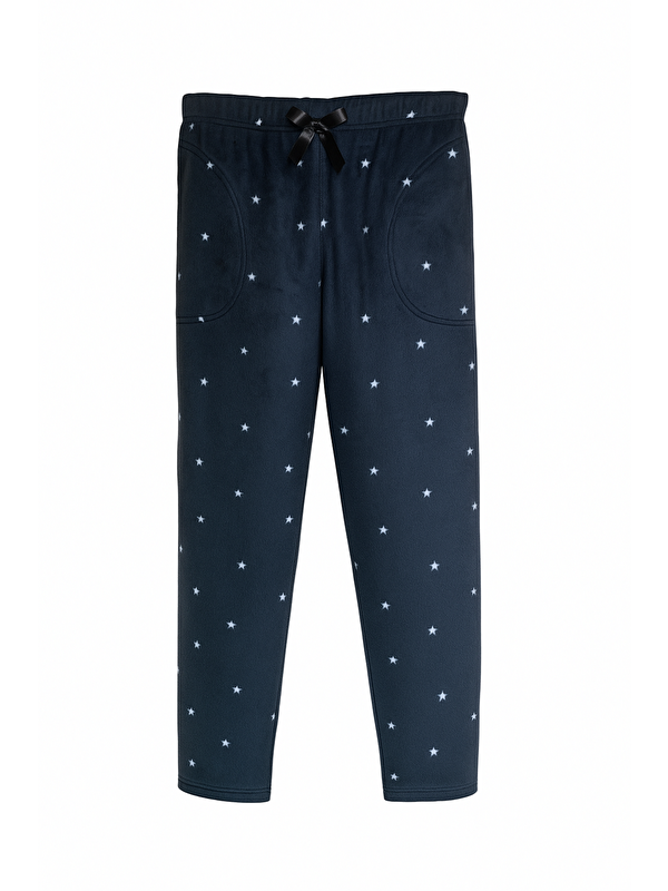 Formo Kadın Beyaz Yıldızlı Siyah Polar Cepli Kışlık Kalın Kaliteli Pijama Altı