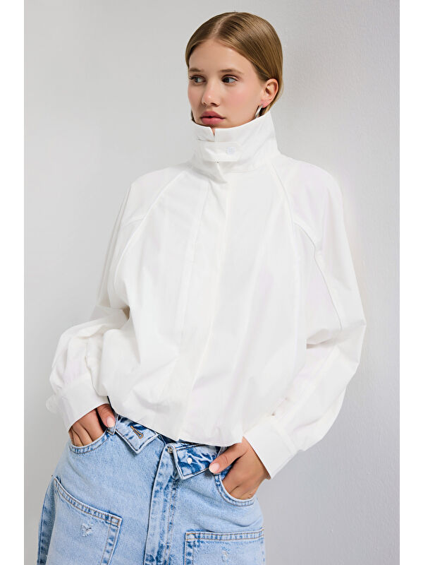 It's Basic kadın Beyaz Renk w5 Oversize Özel Organik Kumaş Tasarım Gömlek Ceket