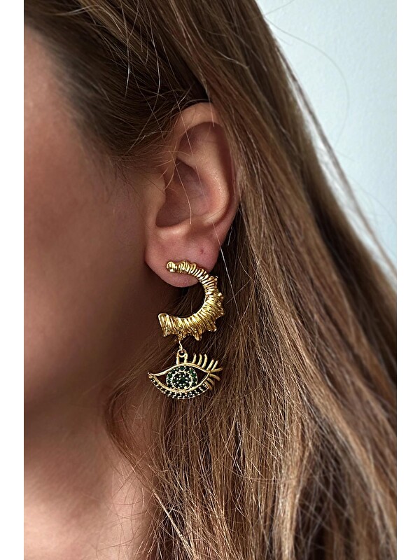 New Obsessions Artisan Hilal Gömme taşlı 18 K Altın Kaplama Sallantılı Küpe