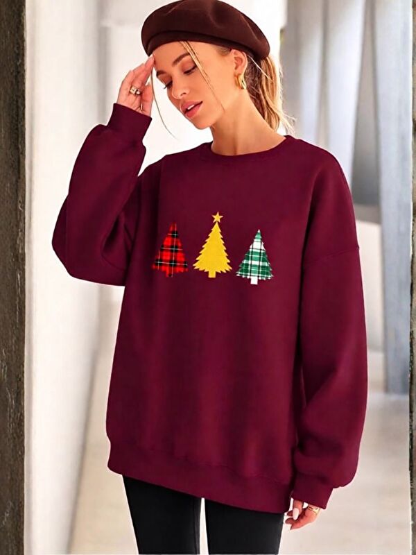 Trendseninle Kadın Bordo 3Çam Baskılı Oversize Bisiklet Yaka Sweatshirt