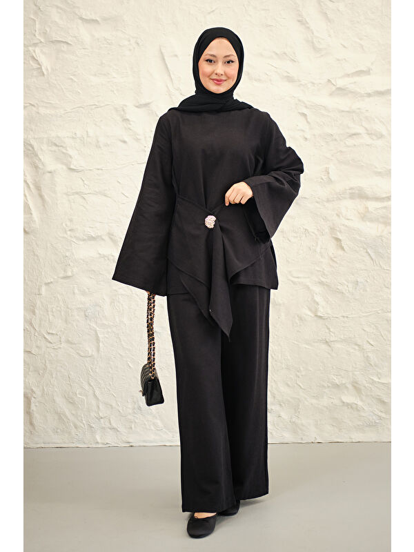 Locco Moda Kadın Bel Bağlamalı Pantolonlu Takım Siyah
