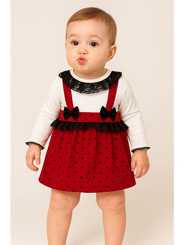 Chicsy Baby Kız Bebek Puantiyeli Desenli Dantelli Fiyonklu Askılı Elbise Takım