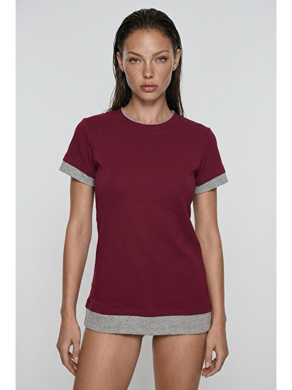 Madmext Bordo Bisiklet Yaka Çift Renkli Basic Tişört Mg2682