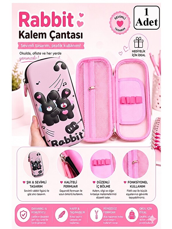 FixPoint Pembe Kabartmalı Bölmeli Kalemlik 1 Adet P-5922 Kız Çocuk Okul Kalem Kutusu 3 Boyutlu Sevimli Karika