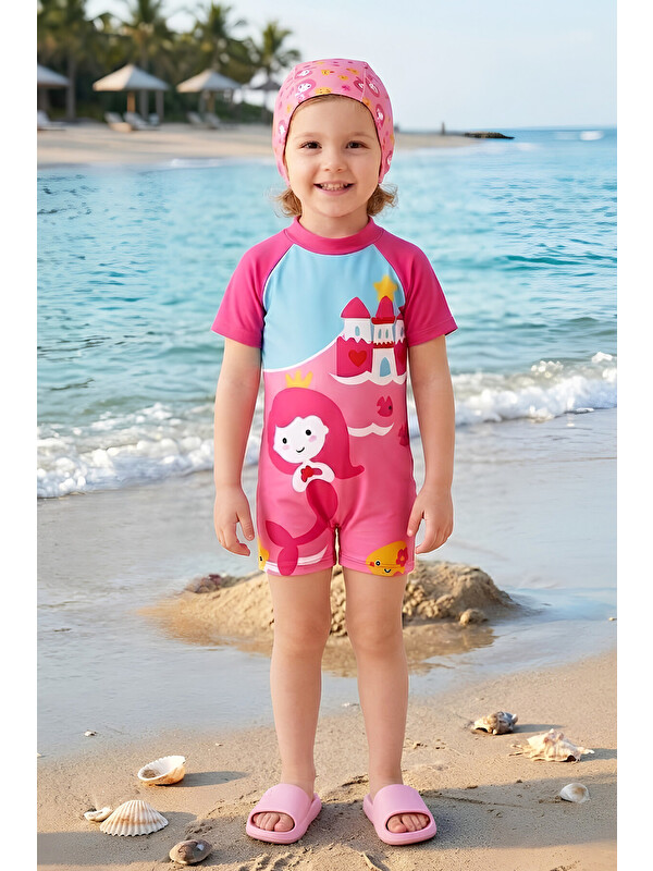 Modanino Kız Çocuk Tulum Tarz Boneli Mayo Takımı (Mayo+Bone) 2-8 Yaş 12677N