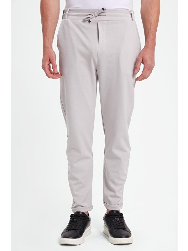 TUDORS Erkek Slim Fit Pamuklu Beli Bağlamalı Yan Cepli Katlamalı Paça Jogger Gri Pantolon