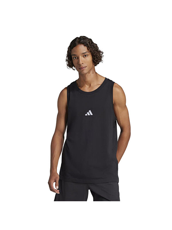 Adidas Essentials Small Logo Erkek Siyah Yuvarlak Yaka Atlet