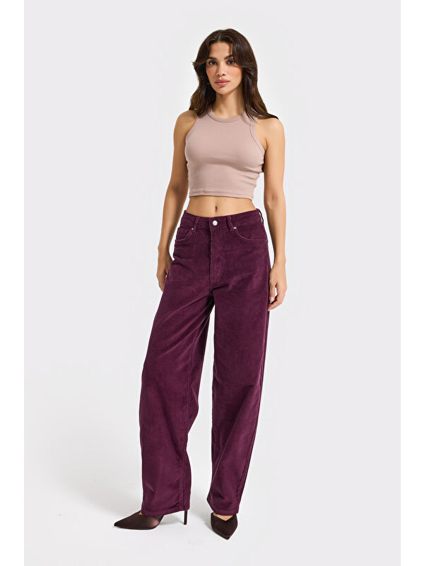 It's Basic Kadın Mor Renk 26w5-111 Skater Fit Esnek Kumaş İnce Fitilli Velvet Kadife Kumaş Pantolon