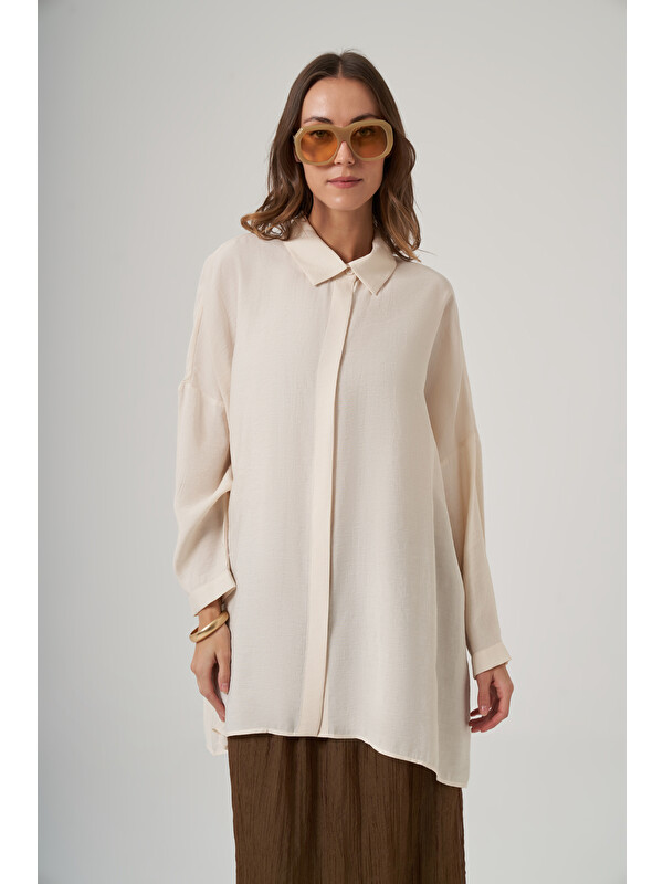 Nuss Oversize Basic Yazlık Gömlek 3001 Krem