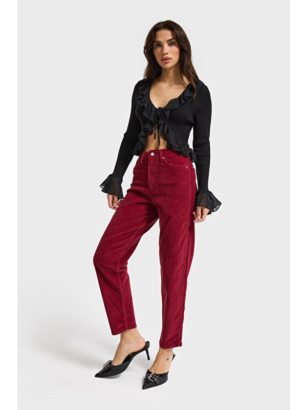 It's Basic Kadın Bordo Renk 26w5-35 Relax Fit Esnek Kumaş İnce Fitilli Velvet Kadife Kumaş Pantolon