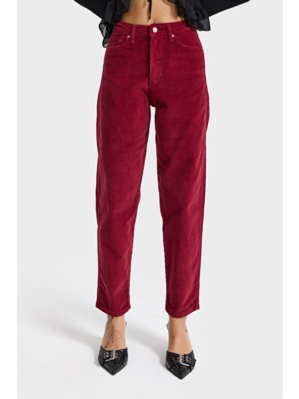 It's Basic Kadın Bordo Renk 26w5-35 Relax Fit Esnek Kumaş İnce Fitilli Velvet Kadife Kumaş Pantolon