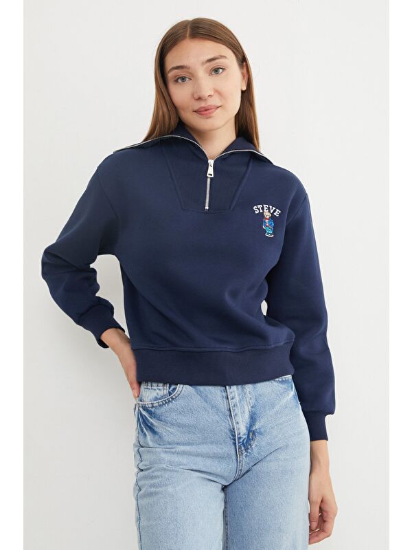Fullamoda 3 İplik Ayıcık Nakışlı Yarım Fermuarlı Sweatshirt