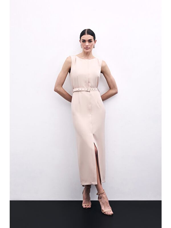SATEEN Kemerli Kalem Elbise - Bej