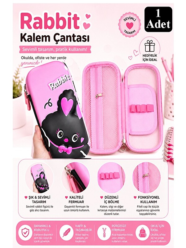 FixPoint Pembe Kabartmalı Bölmeli Kalemlik 1 Adet P-5922 Kız Çocuk Okul Kalem Kutusu 3 Boyutlu Sevimli Karika