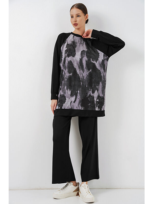Bigdart Kadın Desenli Oversize Tunik Pantolon İkili Takım 55462 - Siyah