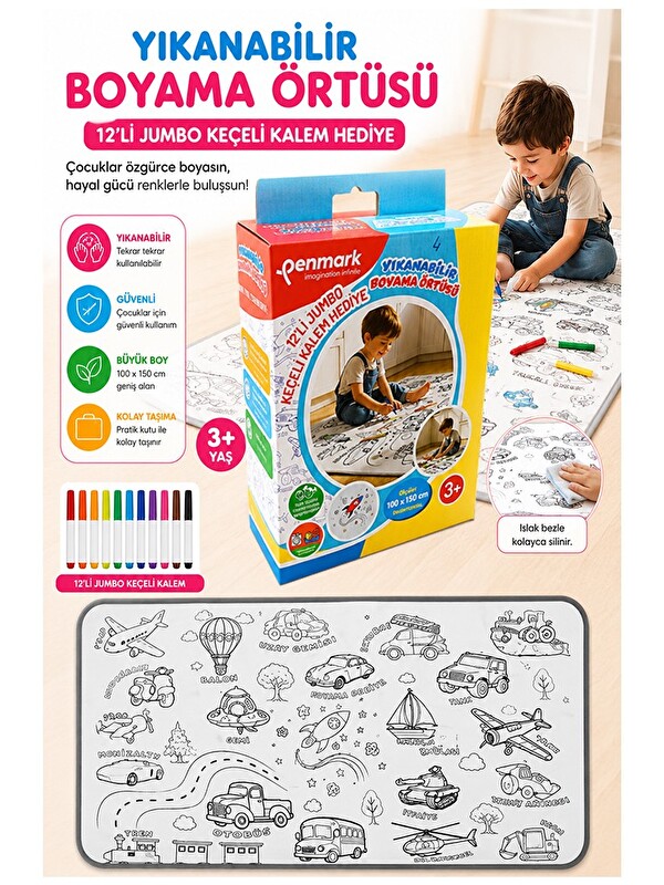 Penmark Boyama Örtüsü Yıkanabilir 100x15 Cm 1 Paket 12 Renk Jumbo Keçeli Kalem Sevinli Hayvanlar Boy