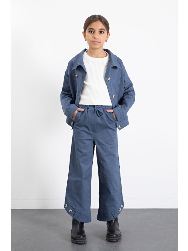 Cansın Mini İndigo Çift Düğme Detay Gömlekli Pantolonlu Kız Çocuk Gabardin Takım 23542
