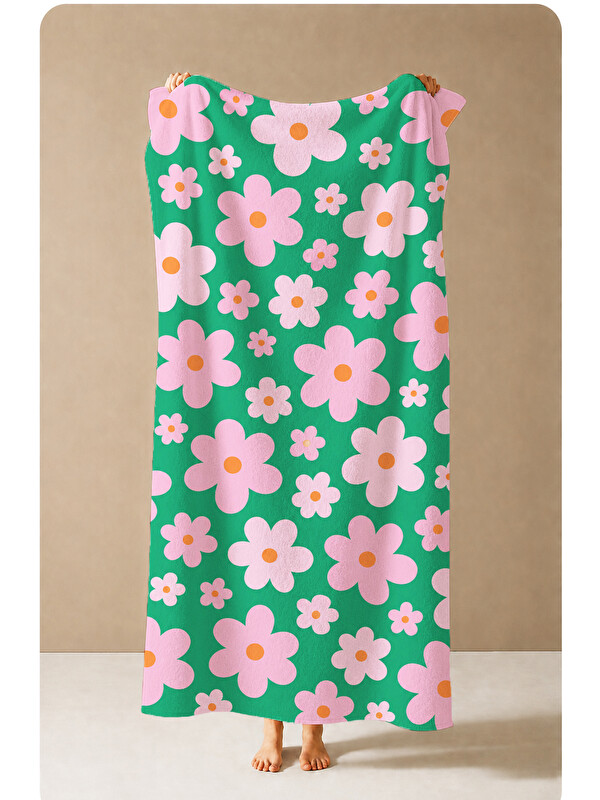 Milbay Grup Retro Yeşil Pembe Papatya Desenli 70x150 Plaj Havlusu - Dijital Baskılı Solmaz Banyo Havlusu