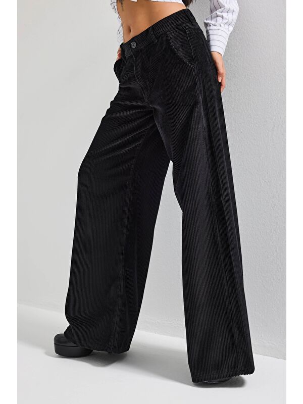 It's Basic Kadın Siyah Renk 26w5-1 Palazzo Fit Fitilli Velvet Kadife Kumaş Pantolon