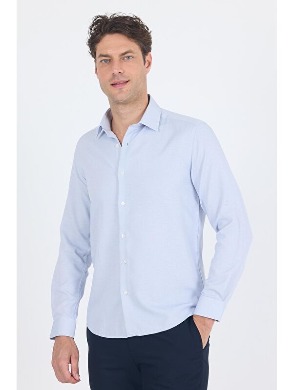 İMZA Koyu Lacivert Uzun Kol Sert Yaka Cepsiz Slim Fit Pamuklu Gömlek 1004250225