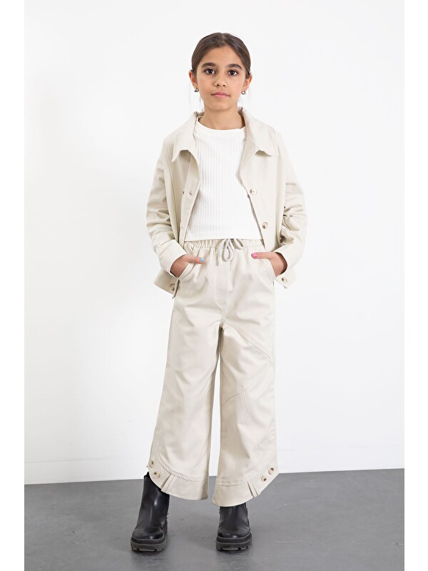 Cansın Mini Krem Çift Düğme Detay Gömlekli Pantolonlu Kız Çocuk Gabardin Takım 23541