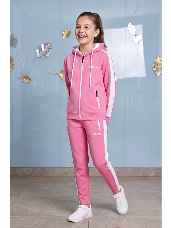 Pina Kids Kız Çocuk Potential Kalın Şeritli Kapüşonlu Düz Paça  Dalgıç Kumaş Eşofman Takımı ESF7016