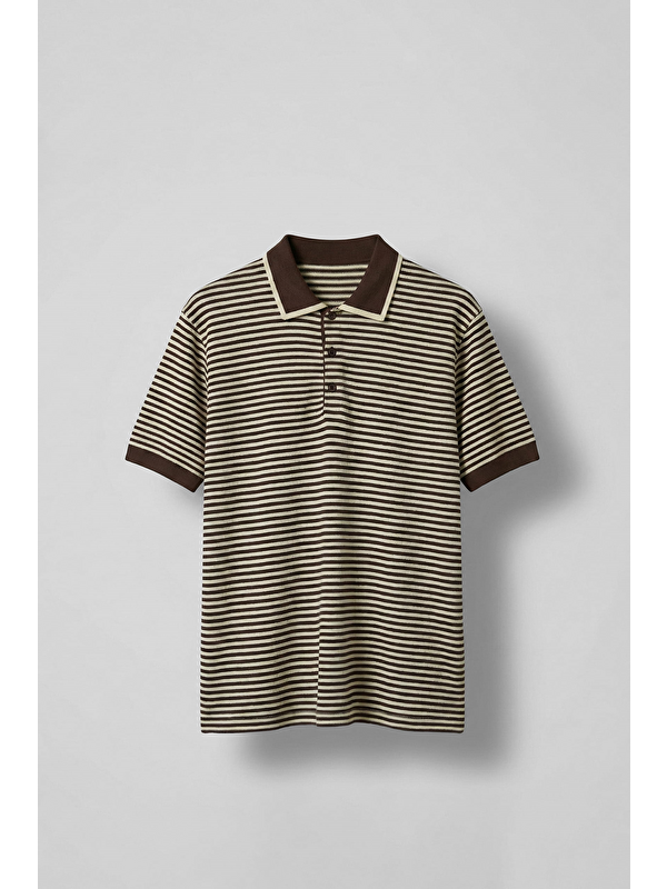 Abluka Online Erkek Regular Fit Çizgili Polo Yaka Örme T-Shirt Kahverengi